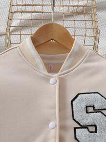 SHEIN Cô gái Tween Thư được vá Sọc trang trí Thả vai Áo khoác Đại học Without Tee - Màu be - Xem 6