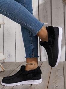 Women's Casual Sports Shoes, New Style Ladies' Flat Shoes, Winter Warm Fur Shoes, Lightweight Fashionable Lace-up Women's Shoes - Black - View 4