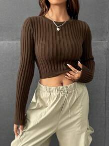 SHEIN EZwear Slim Fit Ribbed Sweater - Olive Green - View 2