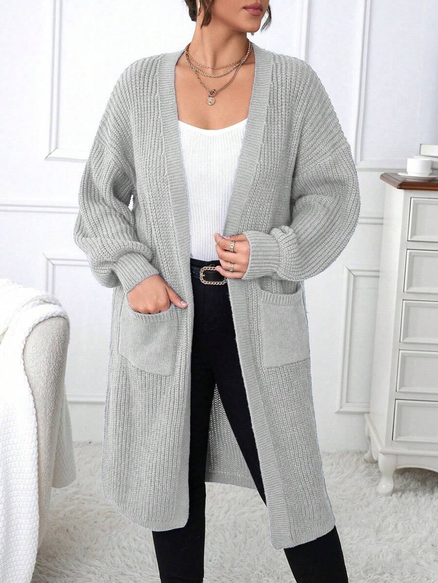 Calvaya Plus Dual Pocket Drop Shoulder Duster Cardigan - Grey - View 1