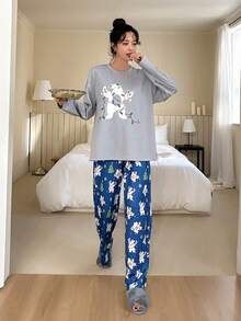 DAZY Floral Print Drop Shoulder Tee & Pants Lounge Set - Grey - View 8
