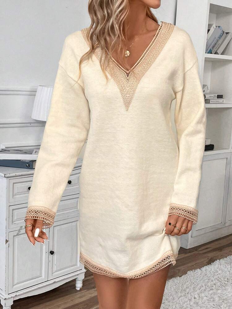 Women's V-Neck Lace Trimmed Sweater Dress With Weave Belt, Without Waistband Winter Casual