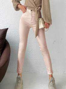 EURMUSE High Waist Slim Fit Denim Long Pants - Beige - View 5