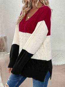 SHEIN LUNE Color Block V-Neck Drop Shoulder Cable Knit Pullover Fall Winter Sweater - Black - View 6