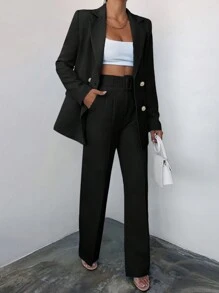 EURMUSE Solid Color Double-breasted Suit Set With Notched Lapel - Black - View 3