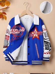 SHEIN Tween Boy Letter Graphic Contrast Collar Thermal Lined Jacket - Black - View 6