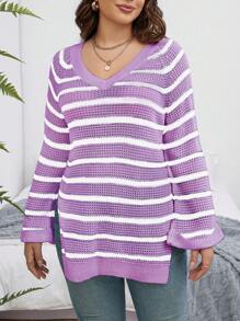 Calvaya Plus Size Striped Sweater With Split Hem Knit Pullover Fall Winter Sweater - Multicolor - View 6