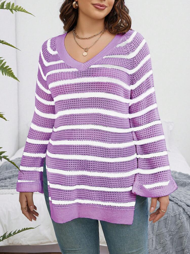 Plus Size Striped Sweater With Split Hem Knit Pullover Fall Winter Sweater