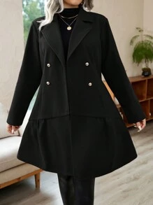 SHEIN LUNE Plus Lapel Neck Double Breasted Belted Overcoat Fall Winter Cloth For Women Autumn - Black - View 5