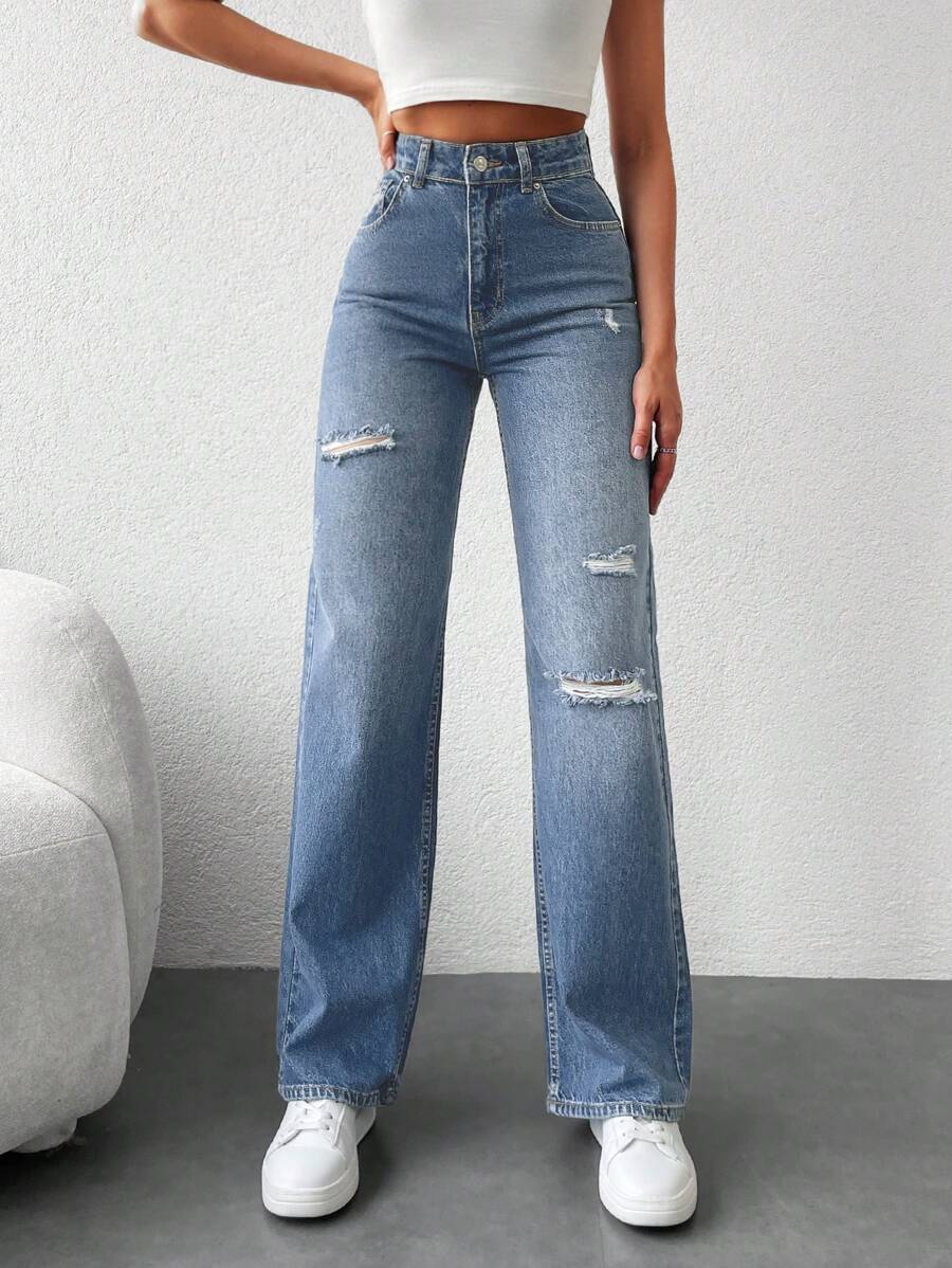 SHEIN Cottnline High Waist Straight-leg Jeans With Ripped Details - Light Wash - View 1