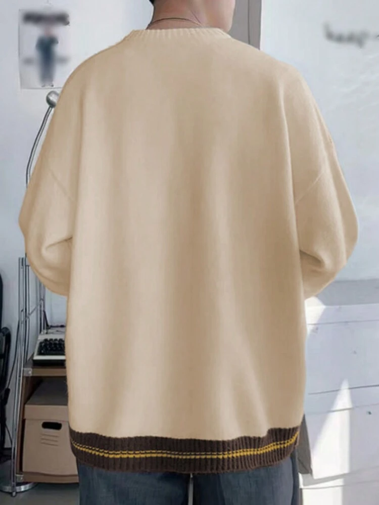 Men Slogan Graphic Drop Shoulder Striped Trim Sweater