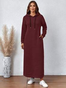 Kangaroo Pocket Drop Shoulder Hoodie Dress - Burgundy - View 3