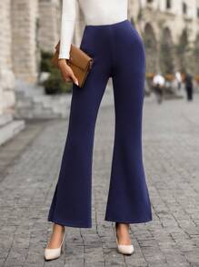 SHEIN LUNE Solid Flare Leg Pants - Royal Blue - View 1