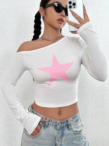 SHEIN Unity Áo thun dài tay lệch vai in họa tiết ngôi sao Colorblock dành cho nữ - trắng - Xem 4