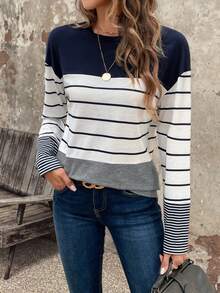 SHEIN LUNE 女用條紋落肩拼布 T 卹 - 彩色 - 查看 4