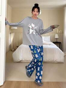 DAZY Floral Print Drop Shoulder Tee & Pants Lounge Set - Grey - View 5