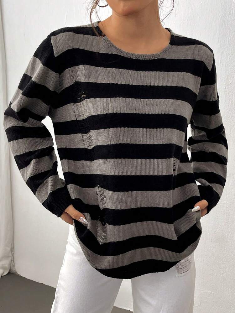 Striped Pattern Ripped Knit Pullover Fall Winter Sweater