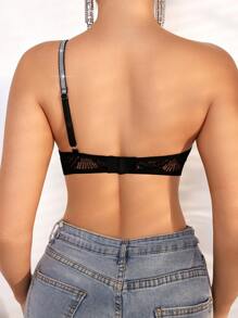 SHEIN Women's Asymmetrical Neck Strap Black Lace Bra Sexy Lingerie