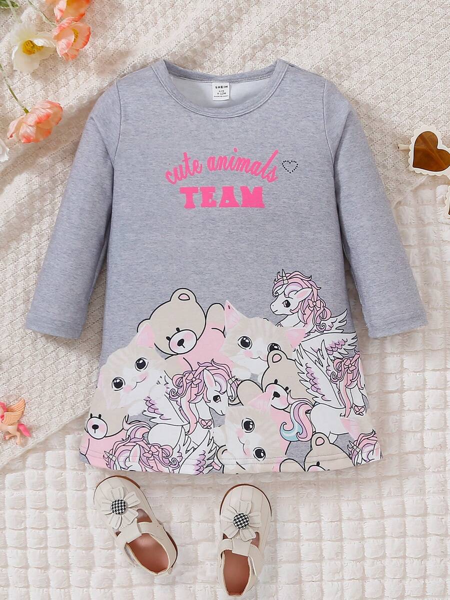 女嬰獨角獸&字母圖案T恤洋裝 - 灰色 - 查看 1