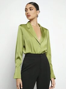 BizChic Lapel Collar Button Front Satin Shirt Long Sleeve - Olive Green - View 8