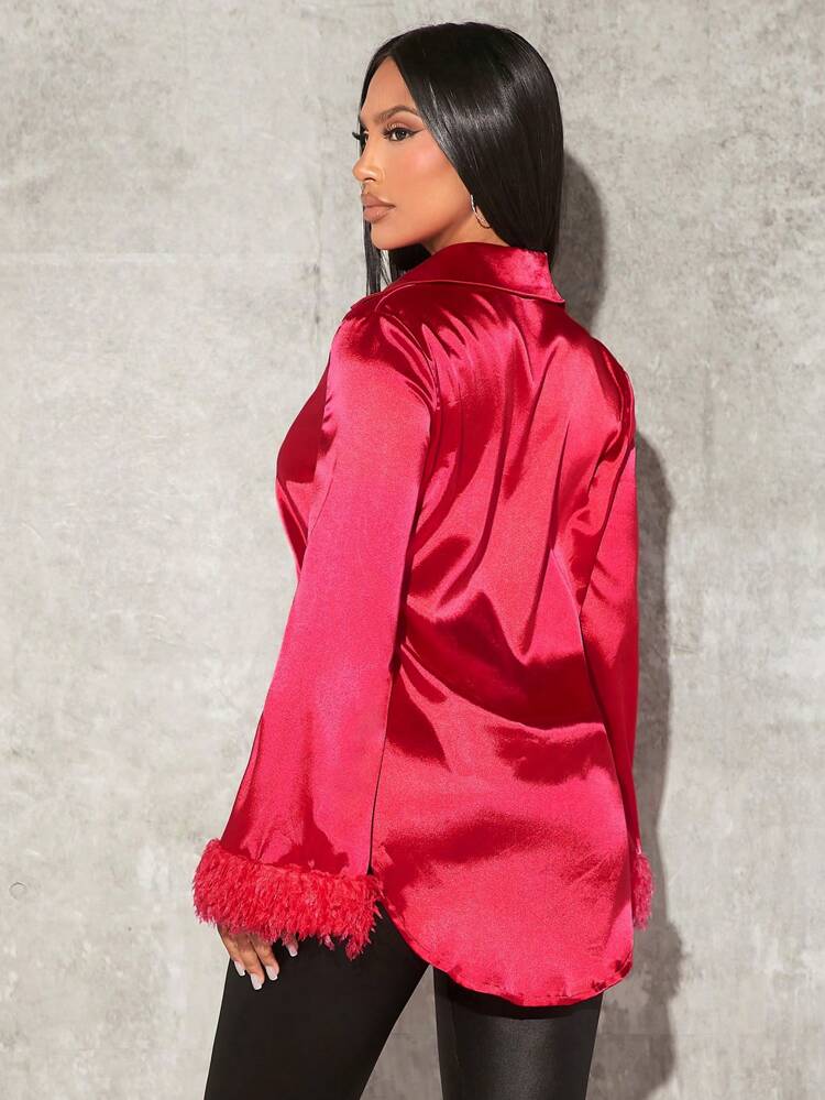 Fuzzy Cuff Satin Shirt