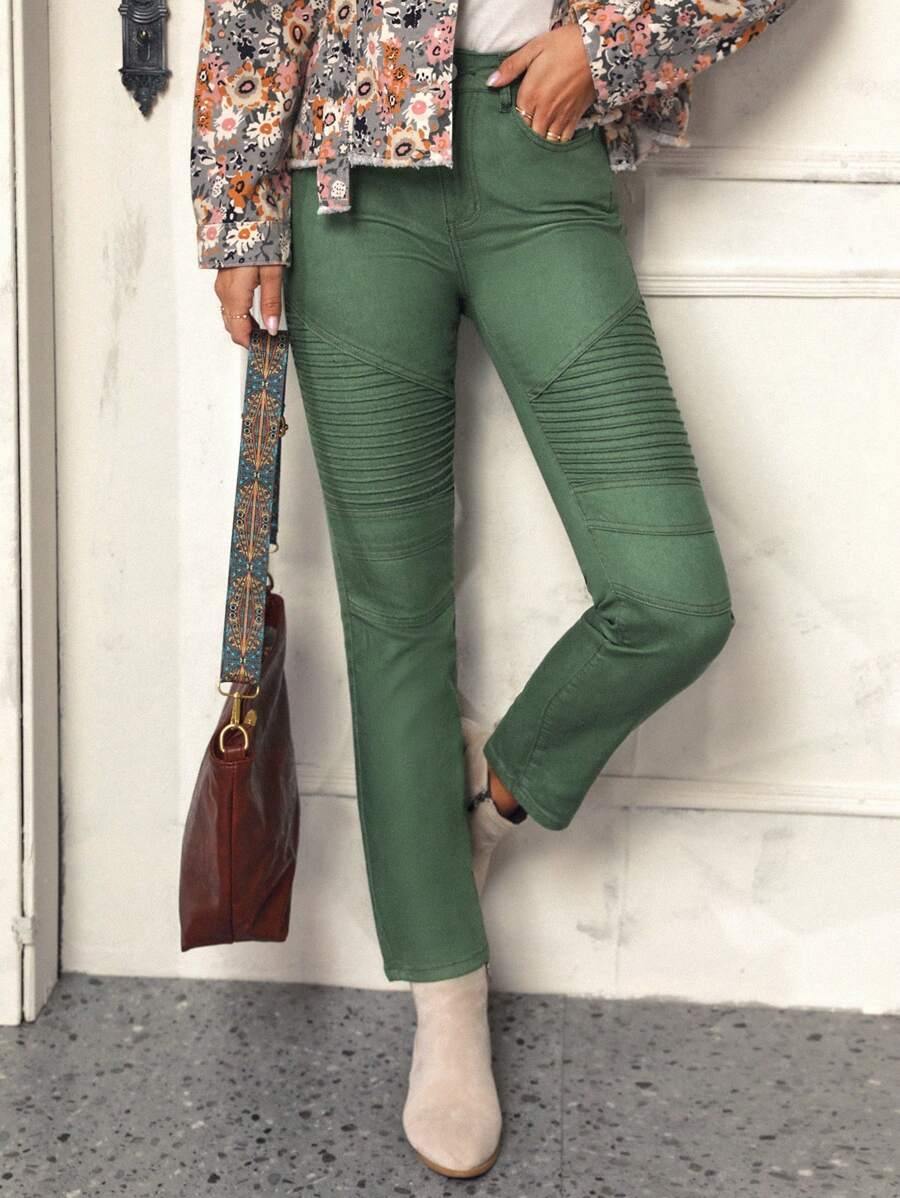 SHEIN LUNE Solid Color Skinny Jeans - Green - View 1