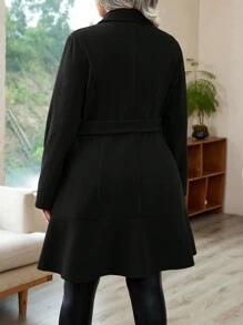 SHEIN LUNE Plus Lapel Neck Double Breasted Belted Overcoat Fall Winter Cloth For Women Autumn - Black - View 2