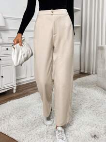 SHEIN Frenchy 女款前拉鍊直筒褲 - 杏色 - 查看 4