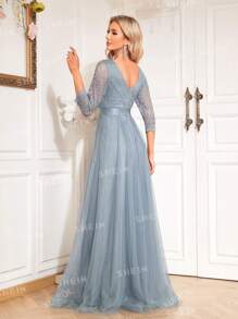 XUIBOL Contrast Lace Mesh Trim Bridesmaid Dress