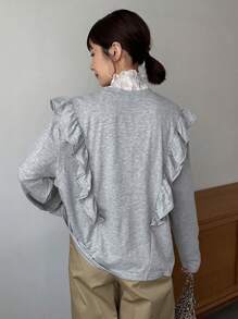 FRIFUL 女式字母印花T恤，带荷叶边下摆，长袖女式上衣 - 灰色 - 查看 2
