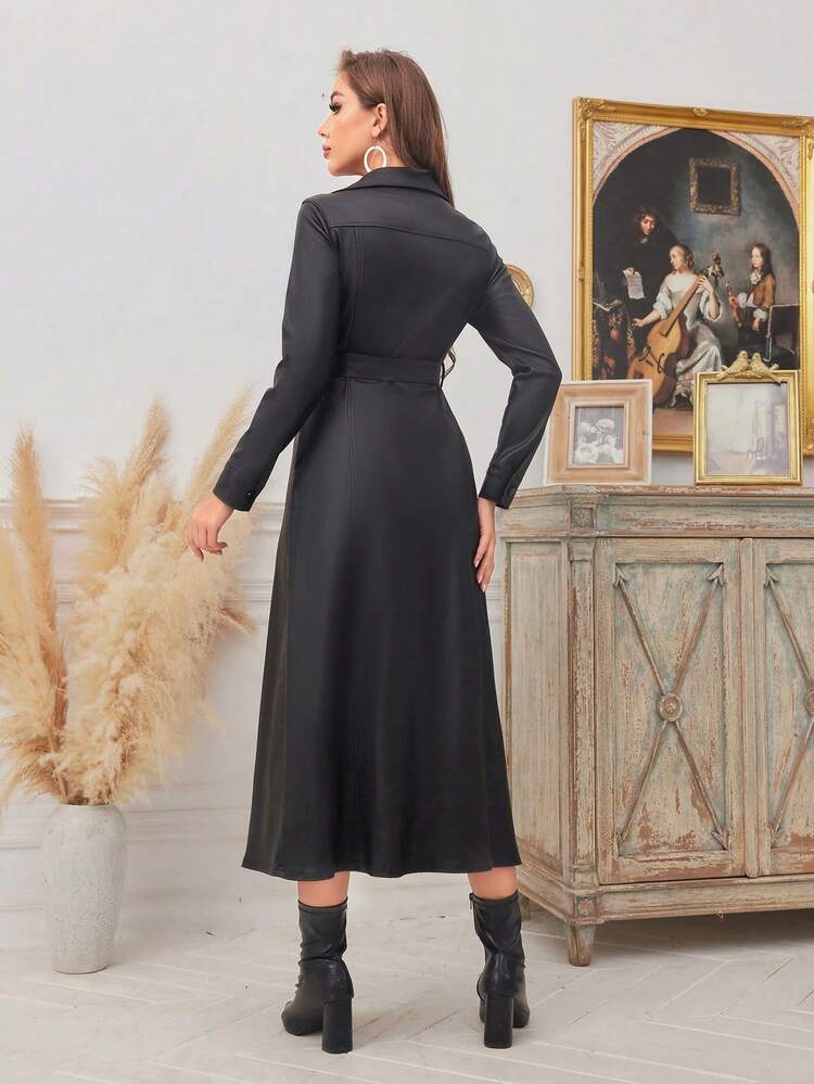 Women's Casual Commuter Solid Color Button Front Shirt Dress