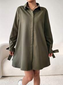 SHEIN EZwear 襯衫洋裝帶系帶袖口 - 軍綠色 - 查看 3