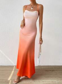 Allurite 漸層垂領露背繫帶吊帶連衣裙 - 橘色 - 查看 7