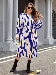 SHEIN Privé Plus Allover Print Lantern Sleeve Dress Without Belt