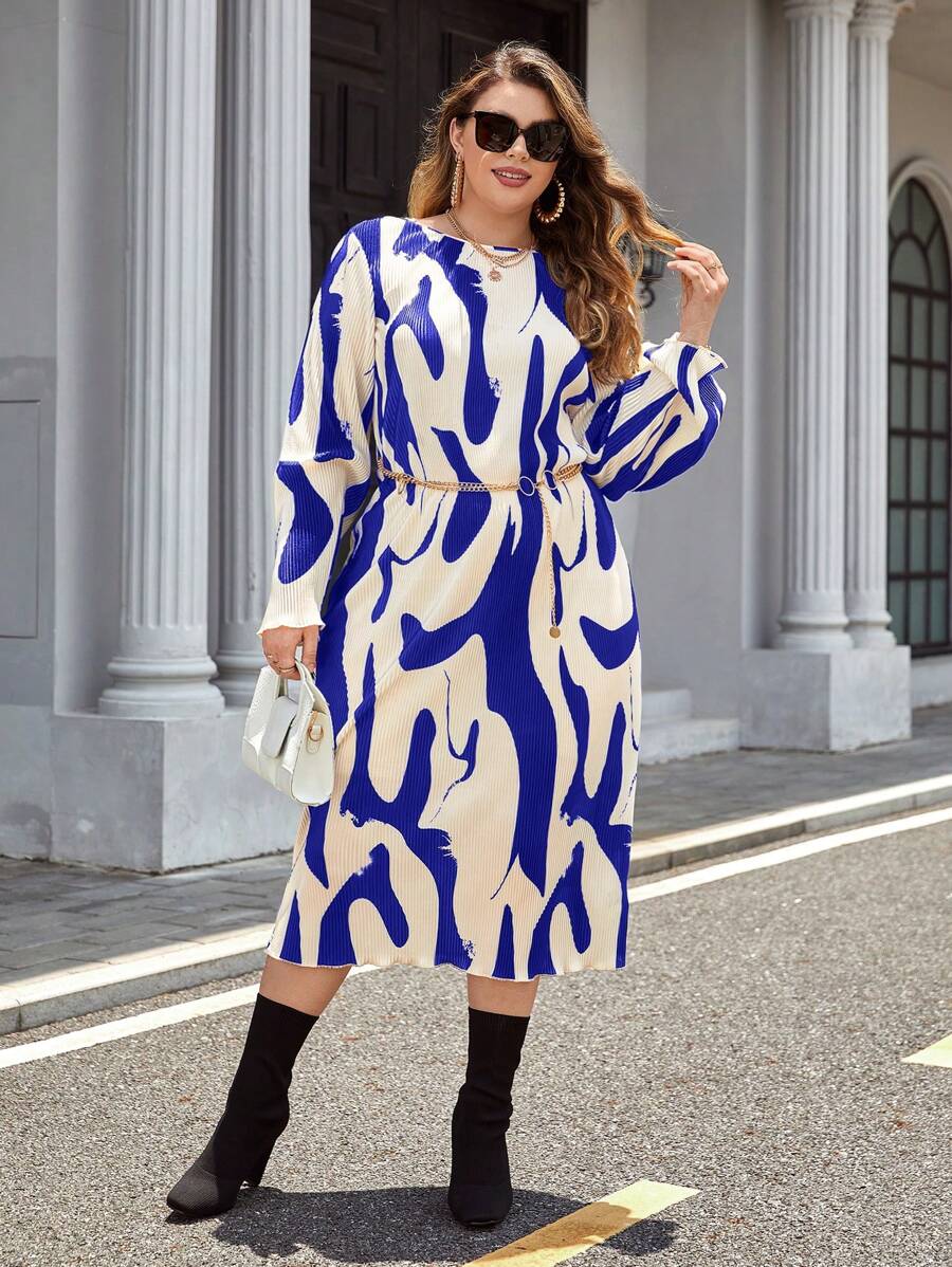 SHEIN Privé Plus Allover Print Lantern Sleeve Dress Without Belt