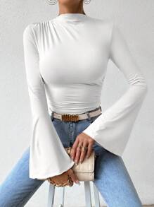 EMERY ROSE Solid Bell Sleeve Ruched Bodysuit Fall Cloth For Women - White - View 4