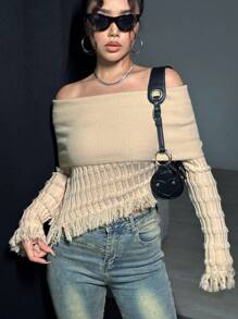 SHEIN Unity Áo len tua rua trễ vai viền bất đối xứng cho nữ - Màu be - Xem 1