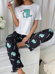 卡通恐龍印花短袖上衣和寬鬆褲子睡衣套裝 - 白色 - 查看 4