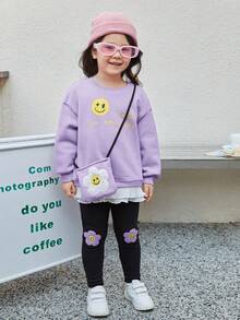 SHEIN 女小童邊緣拼接加絨內裏二合一套頭衫和緊身打底褲 - 紫色 - 查看 7