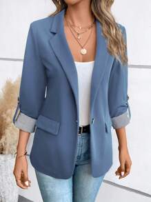 SHEIN LUNE Roll Tab Sleeve Open Front Blazer In Fall/Winter - Dusty Blue - View 4