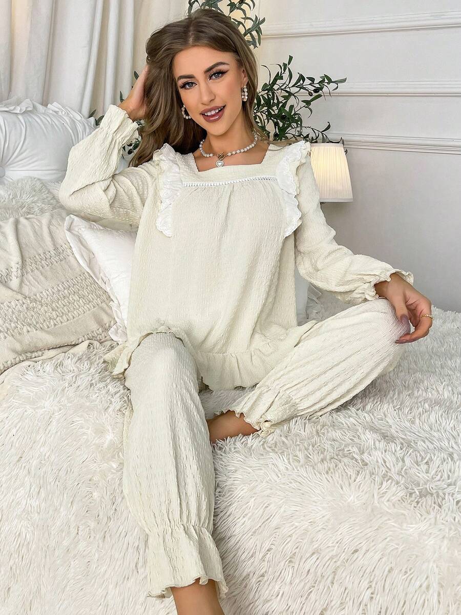 Ruffle Trim Flounce Sleeve PJ Set / Pajama Set - Apricot - View 1