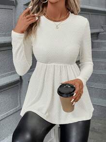 SHEIN Clasi 素色荷葉邊下擺T恤 - 米色 - 查看 6