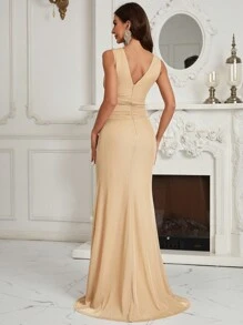 SHEIN Belle Vestido de dama de honor de cuello profundo fruncido de muslo con abertura - Albaricoque - Ver 3