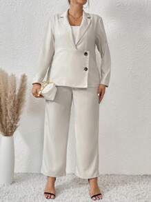 Flirla Plus Single Breasted Blazer & Wide Leg Pants - Beige - View 1