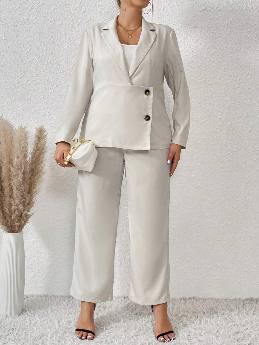 Flirla Plus Single Breasted Blazer & Wide Leg Pants - Beige - View 1