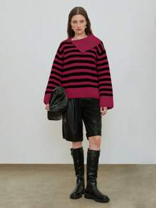 Anewsta 女士条纹不对称领口针织套头衫秋冬毛衣 - 紅色 - 查看 4