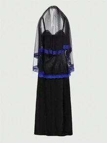 ROMWE PUNK 1pc Contrast Lace Frill Trim Sequin Mesh Panel Cami Dress - Black - View 2