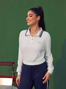 VARSITIE 毛織繡花polo領上衣 - 白色 - 查看 1