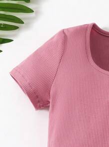SHEIN Tween Girl Y2K 风格浆果粉色罗纹针织弹力紧身衣，百搭、全年穿着，适合日常穿着、街头摄影和城市漫步 - 藕粉色 - 查看 3