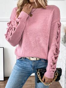 SHEIN LUNE 交叉袖船領落肩袖套頭毛衣 - 粉色 - 查看 6